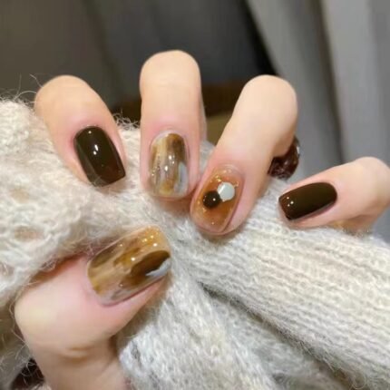 Coffee oil painting fake nail piece Air soft nail wear nail patch