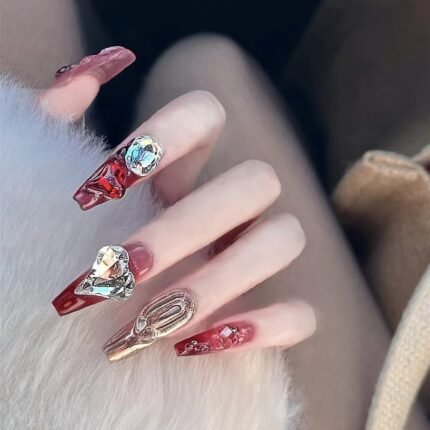 Light luxury Red heart diamond fake nail patch Gradient gold Wear nail patch Wear nail patch